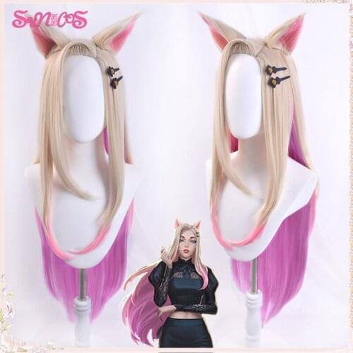 KDA Baddest Ahri Cosplay Wigs LOL KDA Have ears Heat Resistant Synthetic Wigs Halloween Free Wig Cap