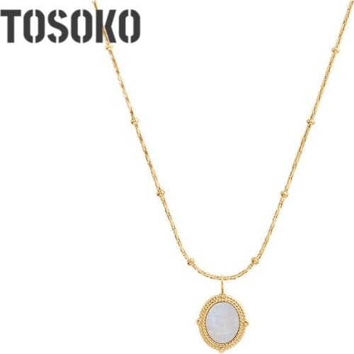 TOSOKO Stainless Steel Jewelry Natural White Sea Shell Pendant Necklace Lady Elegant Clavicle Chain BSP833