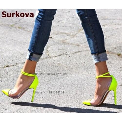 Surkova Clear PVC Patchwork Bridal Shoes Neon Yellow Patent Leather Stiletto Heel Dress Pumps Ankle Buckle Strap Footwear Size45