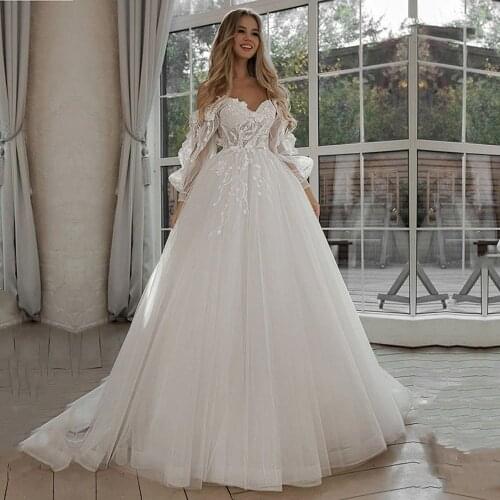 WUZHIYI Puffy Sleeves A Line Wedding Dress Boho Off Shoulder Lace Appliques Bridal Gowns Formal Party Robe De Marriage Dresses