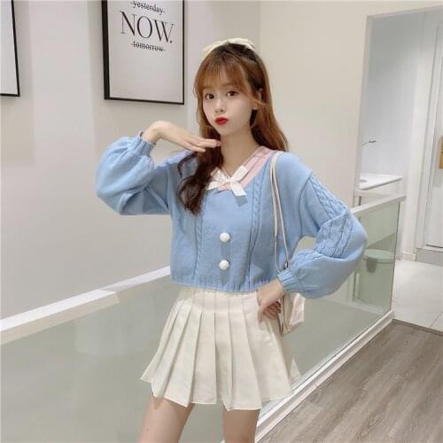 Japanese Preppy Long Sleeve Soft Girl Sweater Casual V-Neck Loose Knitted Warm Pullover For Women Sweet Lolita Patchwork Jumper