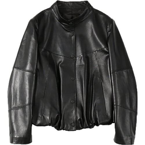 2021 Spring New Leather Motorcycle Leather Jacket Ladies Sheep Skin Collar Short Version of The Version of Thin Leather Jacket