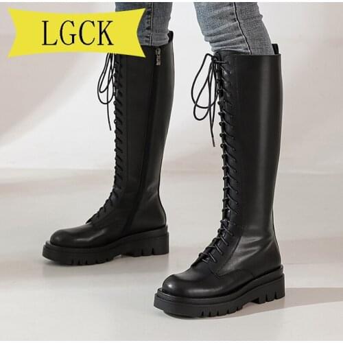 Plus Size 34-39 Fashion Women Cross Strap Leather Boots Autumn Winter Knee High Boots Ladies Thick Sole Platform Botas Mujer