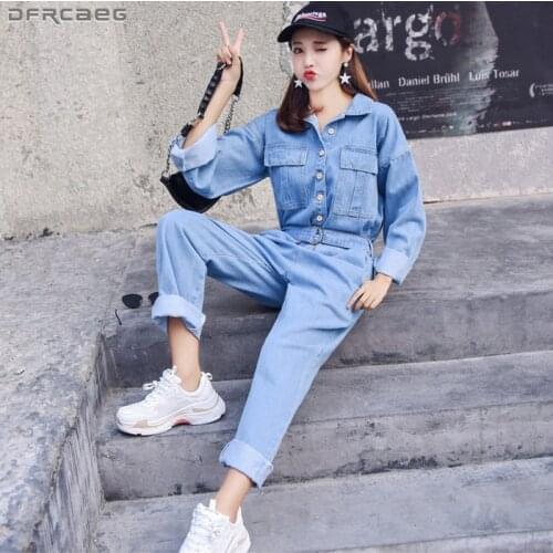 Fashion Streetwear Denim Overalls Women 2020 Autumn Long Sleeve Bodysuit High Waist Jeans Bodycon Rompers Belt Wide Leg Jumpsuit