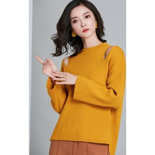 New Winter Gold Orange Solid Cut Out Knitted Pullovers Sweaters Women 2020 Thick Warm Loose Irregular Split Sides Chic Sweater