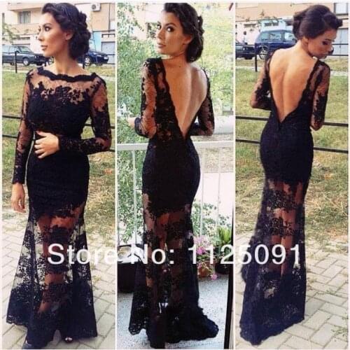 New Arirval Vestidos Formales Long Sleeves Open Back See Through Black Lace Mermaid Evening Dresses Prom Gown