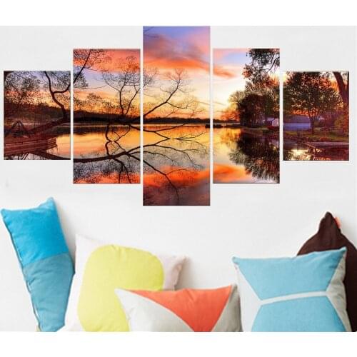 5 Panel Canvas Art Wall Decor Landscape Sunset Glow on The Lake Poster Modern Home Decoration Frame Bedroom Modular Picture