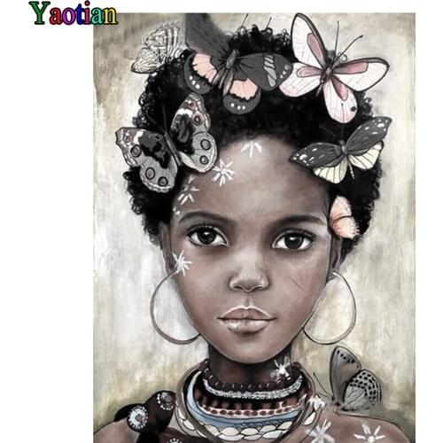 African Black Woman 5D DIY diamond painting Cartoon girl butterfly Full square/round Embroidery Pattern Cross stitch kits Mosaic