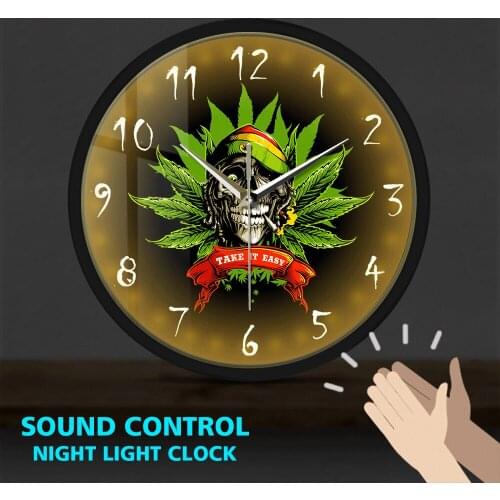 Take it Easy Funny Skull LED Luminous Wall Clock Metal Frame Clocks Watch Sound Control Retro Skeleton Geek Decoration Horologe