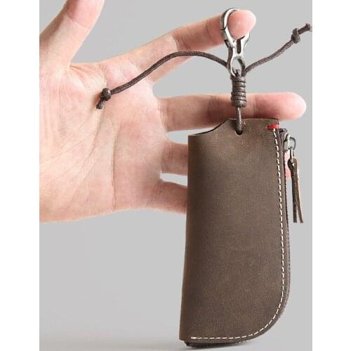 Vintage Handmade Genuine Leather Key Holder Wallet Men Zipper Car Key Case Cover Organizer Housekeeper Bag