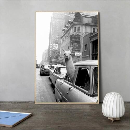Black and White Alpaca City Street View Decorative Funny Canvas Painting Prints and Posters Wall Art Pictures for Kid Bedroom