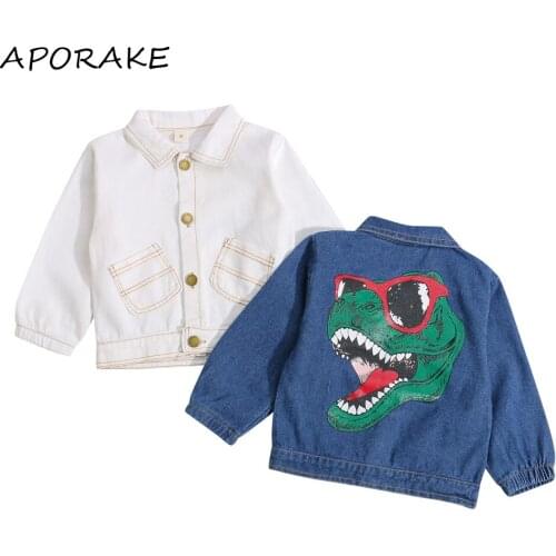 2021 0-4Y KId Baby Boys Casual Denim Jacket Spring Autumn Cartoon Dinosuar Print Back Turn-down Collar Pockets Denim Top Outwear