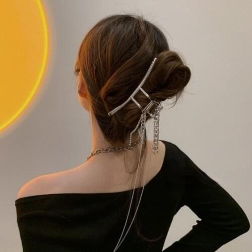 Korea Cool Metal Long Chain Tassel Rhinestone Hair Clips Shaped Back Head Pan Hair Large Claw Clips for Women HairAccessories
