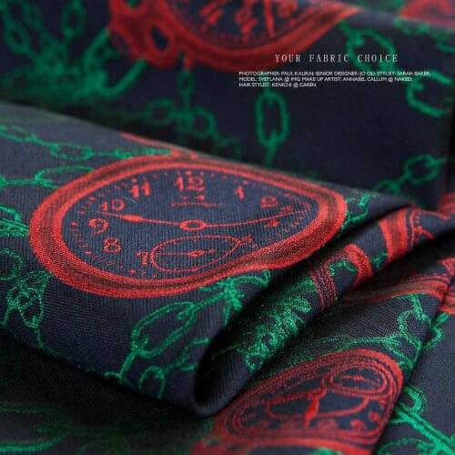 Couture fashion fabric, red clock, green chain, navy color, Japan fabric, vintage, sew for jacket, dress, craft by the yard