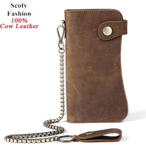Men Irregular Cowskin Genuine Leather Long Classic Wallet with Chain High Quality Retro Crazy Horse Leather Long Purse