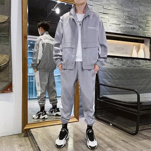 Mens Long Sleeve Patchwork Hip Hop Sports 2p Set sportswear men hipster loose cargo work clothes overalls gym jogger tracksuits
