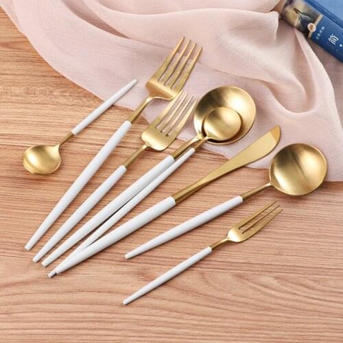 2019 White Gold Plate Dinner Dessert Fork Spoon Knife Set Dinnerware Set 304 Stainless Steel Cutlery Set Tableware Drop Shipping