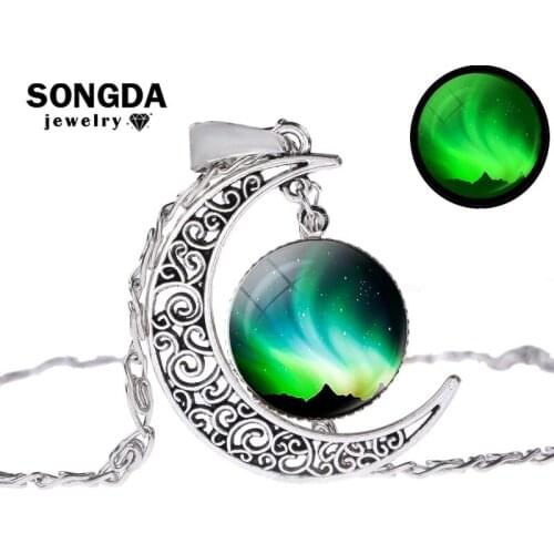 SONGDA Natural Northern Lights Crescent Moon Necklace Art Picture Time Gem Pendant Necklace Aurora Jewelry Birthday Gift for Her