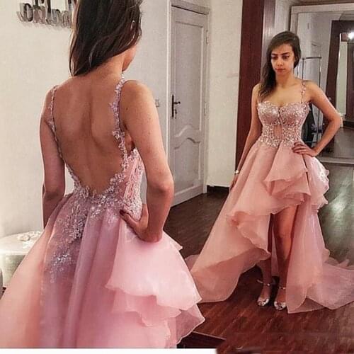 High front and low back prom dresses spaghetti neckline backless sheer sexy organza evening dresses