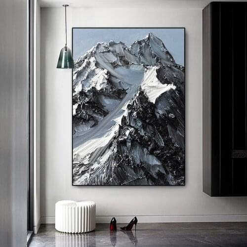 Hand-painted abstract oil painting Black ＆ white Snow mountain Mural Canvas paintings Restaurant living room Entrance Wall art