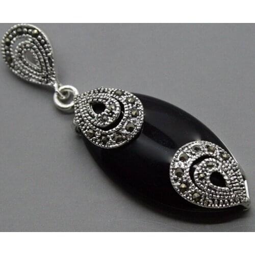 925 STERLING SILVER BLACK jade MARCASITE PENDANT 18x40MM