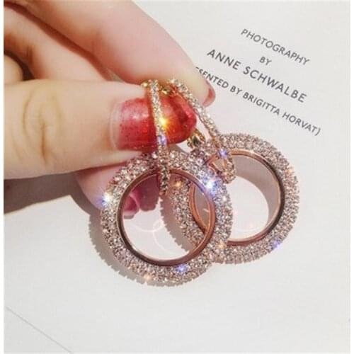 Hot Big Round Hoop Earrings For Women Rose Gold Silver Color Rhinestone Earings Fashion Wedding Christmas Statement Jewelry Gift