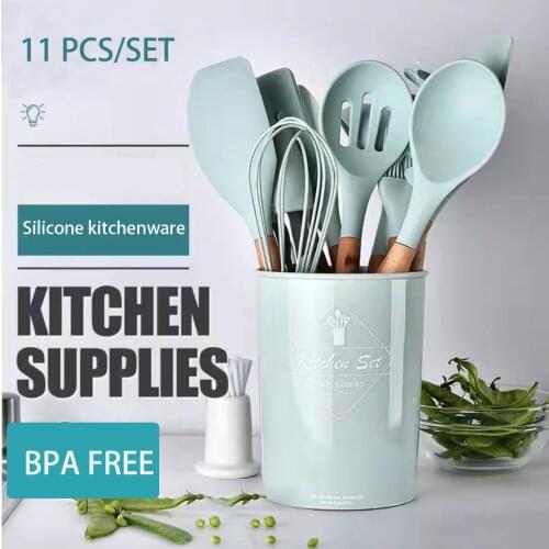 Silicone Wooden handle Turner Soup Spoon Spatula Brush Egg Beater Non-stick pan Kitchen Cooking Tools Kitchenware Set