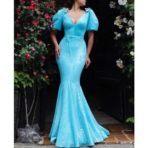 Light Blue Mermaid Sequin Prom Dresses Short Puffy Sleeves V Neck Formal Evening Dress Robe De Soiree