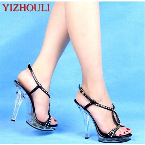 Bright piece decorates 12 centimeters sexy super high heel, the transparent sole fashionable sandal of stage show shoe lady