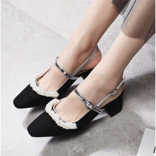 2021 Spring Summer Woman Sandals Mary Janes Dress Shoes String Bead Slingbacks Mid Heels Pumps Pearls sandalias mujer 8980L