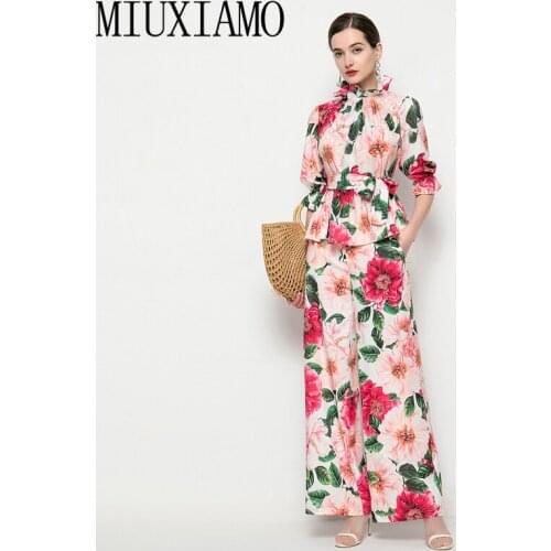 MIUXIMAO 2021 Women Sets Summer New Casual Vacation Fashion Ruffled Shirt Loose Trousers Vintage Flower Print Two-Piece Suit