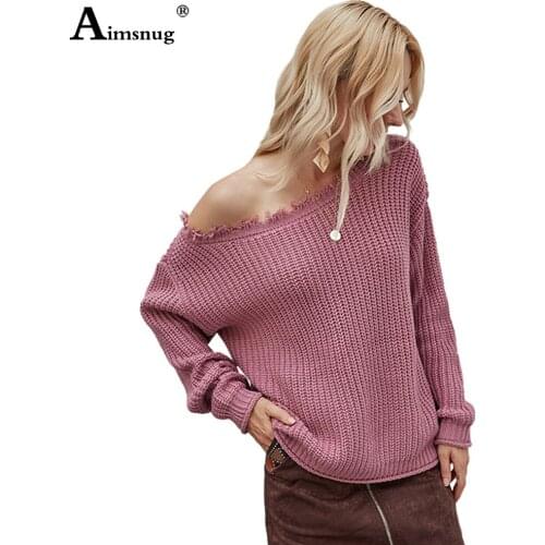Women Solid Knitted Sweaters Autumn Winter 2020 European Casual Long Sleeve Warm Sweaters Female Skew Collar Pullover Sweater