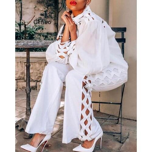 Autumn Hollow Straight Two Piece Sets Office Ladies Sheer Long Sleeve Shirt Top Pants Elegant Women Fashion Matching Outfits