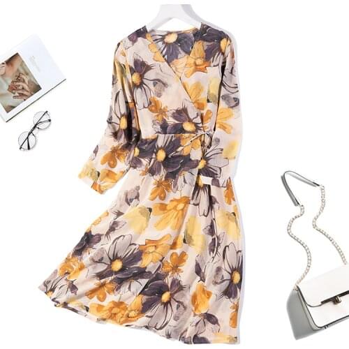 Womens 100% Pure Silk V neck Long sleeve Two Layers Printed Long Wrap Dress M L JN058