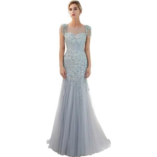 Luxury Tulle Slash neck Short Sleeves with Tassel Long Mermaid Beaded Crystal Party Dress Vestido de noche robe de soiree