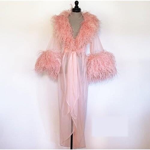 Pink Kinono Gowns Prom Dresses Luxury Feather Maternity Robes Women Photoshoot Bathrobe Fluffy Party Sleepwear Custom Made