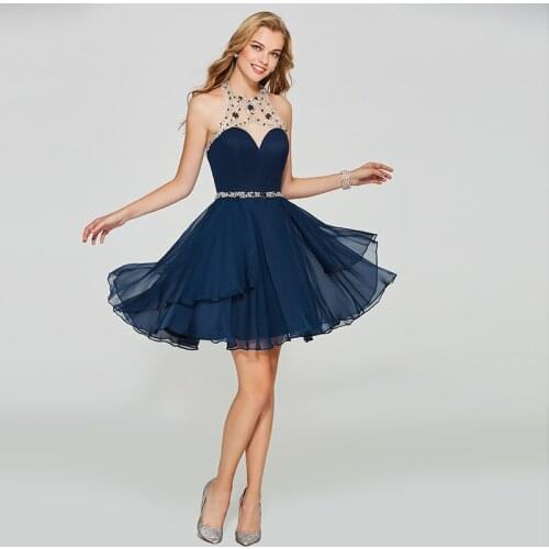 Tanpell halter homecoming dress dark navy beaded sleeveless above knee a line gown women prom party customed homecoming dresses
