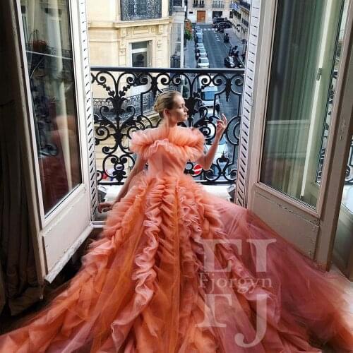 Soft Coral A-Line Ruffles Evening Party Wear Women Dress Tulle Dresses Custom Made Sweep Train High Quality vestidos Robe