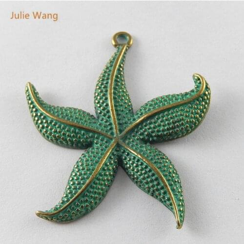 Julie Wang 5pcs Antique Green Bronze Charms Hanging Lovely Starfishes Pendants Jewelry Bracelet Necklace Accessory 48*43*3mm