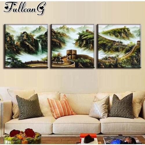 FULLCANG 5d diy diamond embroidery Great Wall of China natural scenery triptych painting full square round mosaic pattern FC3081