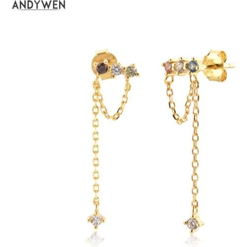ANDYWEN 925 Sterling Silver Long Chain Four Zircon Stud Earring Mana Gold Piercing Luxury Fine Jewelry Pendiente Five Jewelry