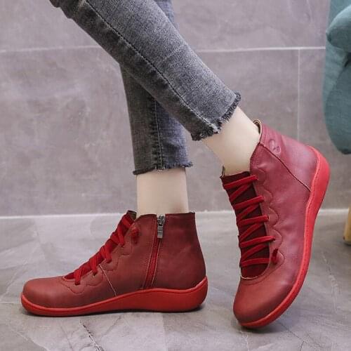 Womens PU Leather Ankle Boots Women Autumn Winter Cross Strappy Vintage Women Zipper Boots Flat Ladies Shoes Woman Botas Mujer