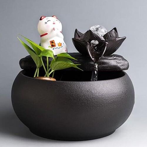 220V Black Zen Ceramic Water Fountain Living Room Indoor Flowing Ornaments Desktop Fish Tank Lucky Feng Shui Fountain Home Decor