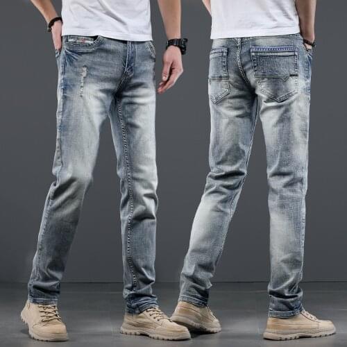 Summer Mens Light Blue Vintage Ripped Jeans Men Cotton Regular Straight Denim Pants Retro Distressed Jean Trousers