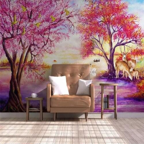 European forest tree tree elk swan lake wall professional production murals, wallpaper wholesale, custom poster photo wall