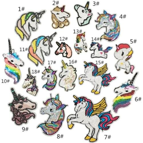 HOT (18 Styles) 1PC Unicorn Rainbow Horse Cartoon Colorful Sequin Patch Iron on DIY Sewing Decoration for Clothes Badge Crafts