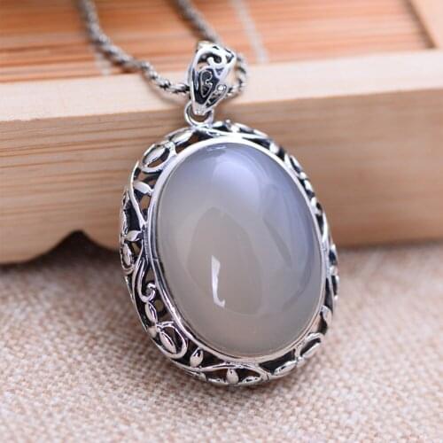 MetJakt Vintage Natural White Chalcedony Buddha Pendants Solid 925 Sterling Silver Pendant for Necklace Womens Jewelry