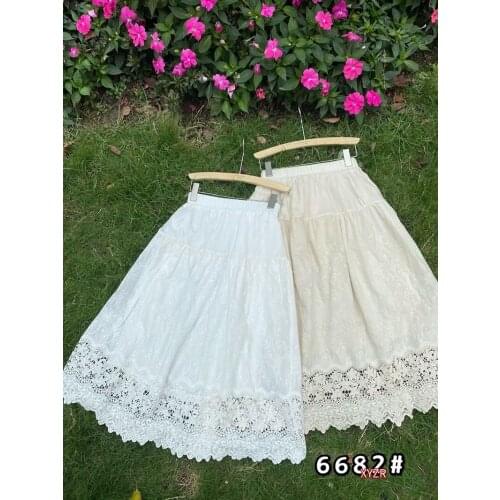 Skirt Mori Sweet Elastic High-Waisted Cotton Skirt Solid Color Female Mid-Length Hollow Lace A-Line Skirt 6682