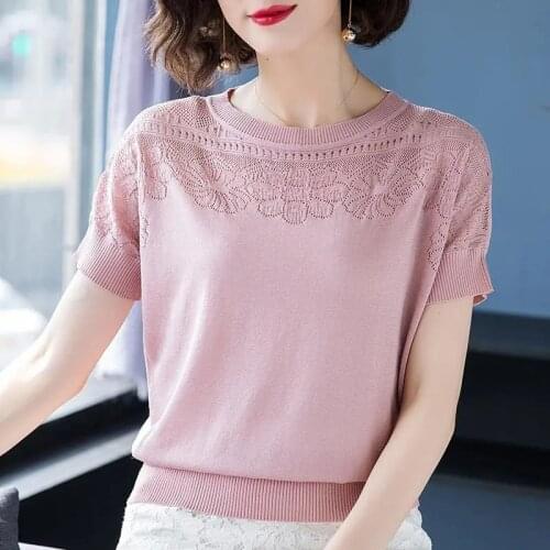 Fashion Hollow Out Short Sleeve Knitted Tops Womens Clothing Summer Knitwear T-Shirt 2021 Casual Solid Loose Pullover Tees