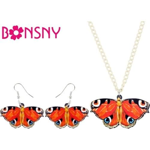 Bonsny Acrylic Junonia Almana Butterfly Earrings Necklace Collar Insect Animal Jewelry Sets Gift For Women Girls Summer Bijoux